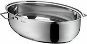 Ovale extra braadpan van roestvrij staal met twee handgrepen, zijaanzicht