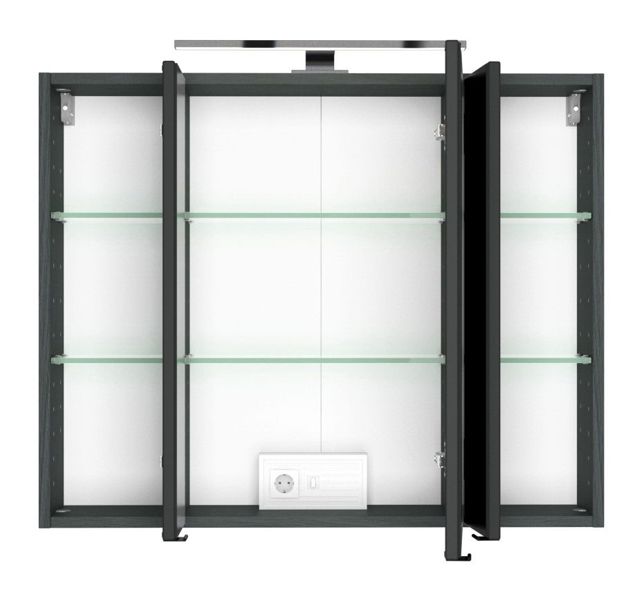 Spiegelschrank mit drei Türen, geöffnet, mit Glasregalen und integrierter Steckdose, Frontalansicht