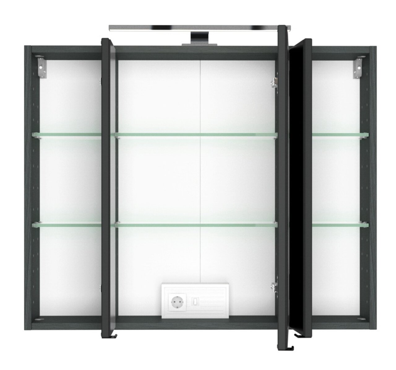XORA Spiegelschrank LUCCA Spiegelschrank mit drei Türen, geöffnet, mit Glasregalen und integrierter Steckdose, Frontalansicht