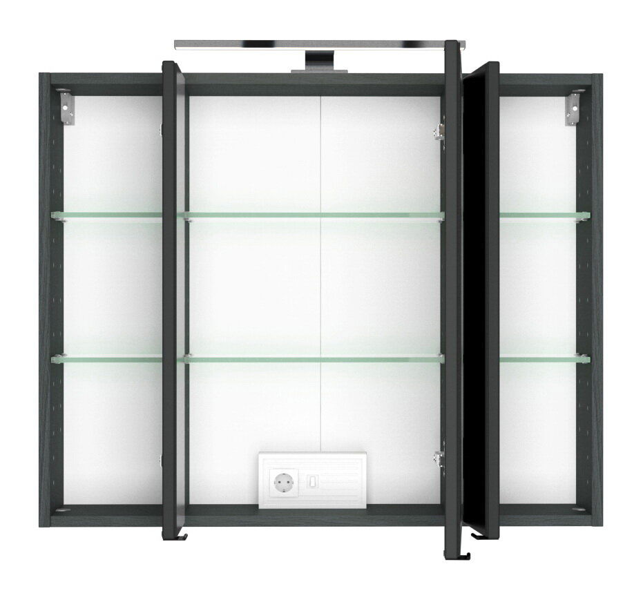 Spiegelschrank mit drei Türen, geöffnet, mit Glasregalen und integrierter Steckdose, Frontalansicht