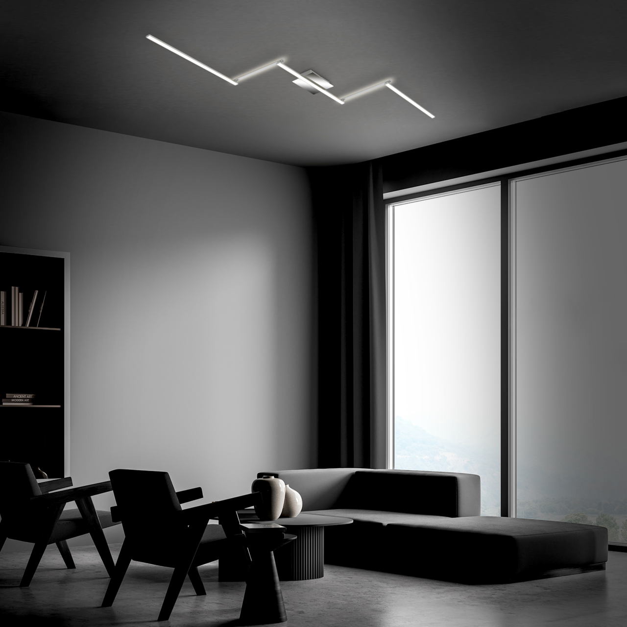 Moderne LED-Deckenleuchte in einem stilvollen Wohnzimmer, Perspektive von unten.