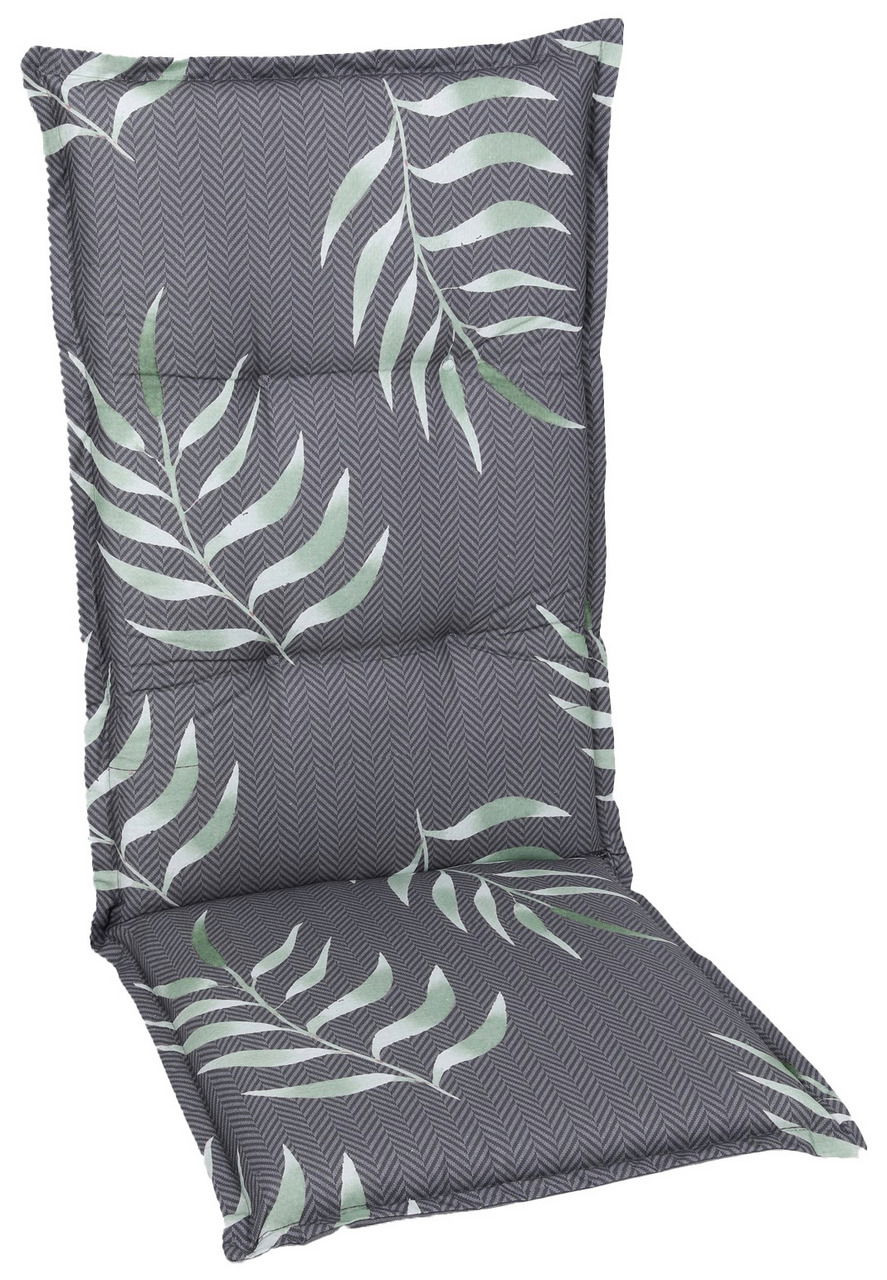 Hochlehnerauflage mit grauem Zickzackmuster und grünen Blättern, Vorderansicht