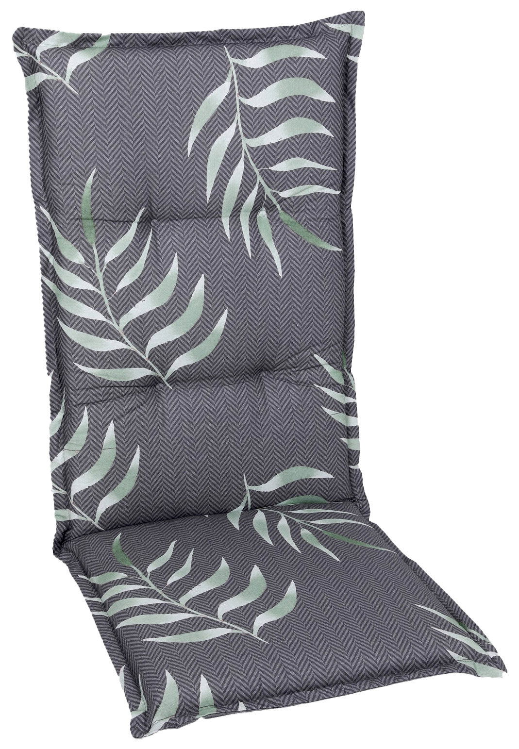 Hochlehnerauflage mit grauem Zickzackmuster und grünen Blättern, Vorderansicht