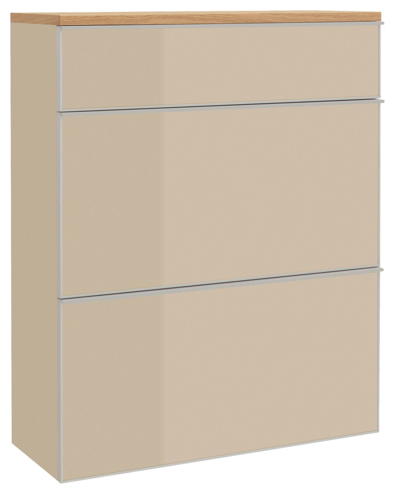 Hängeschuhschrank in Beige mit drei Schubladen und Holzoberfläche, seitliche Perspektive