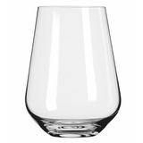 Ein elegantes, modernes Weinglas aus klarem Glas, frontal fotografiert.