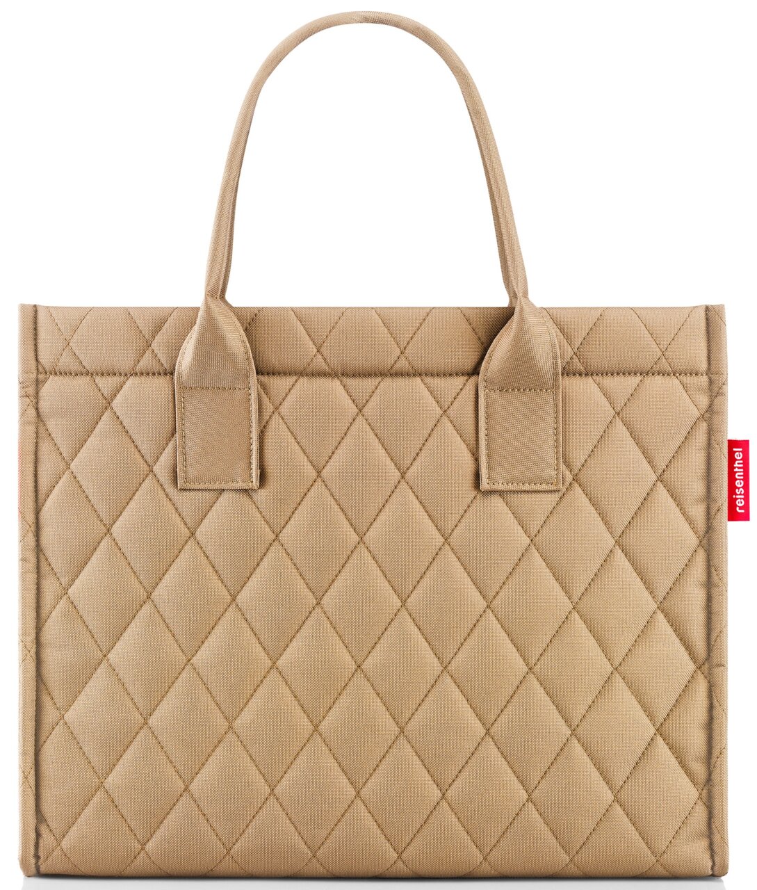Vorderansicht einer beigen, gesteppten Einkaufstasche mit Rauten-Muster und zwei Griffen.