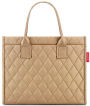 Vorderansicht einer beigen, gesteppten Einkaufstasche mit Rauten-Muster und zwei Griffen.