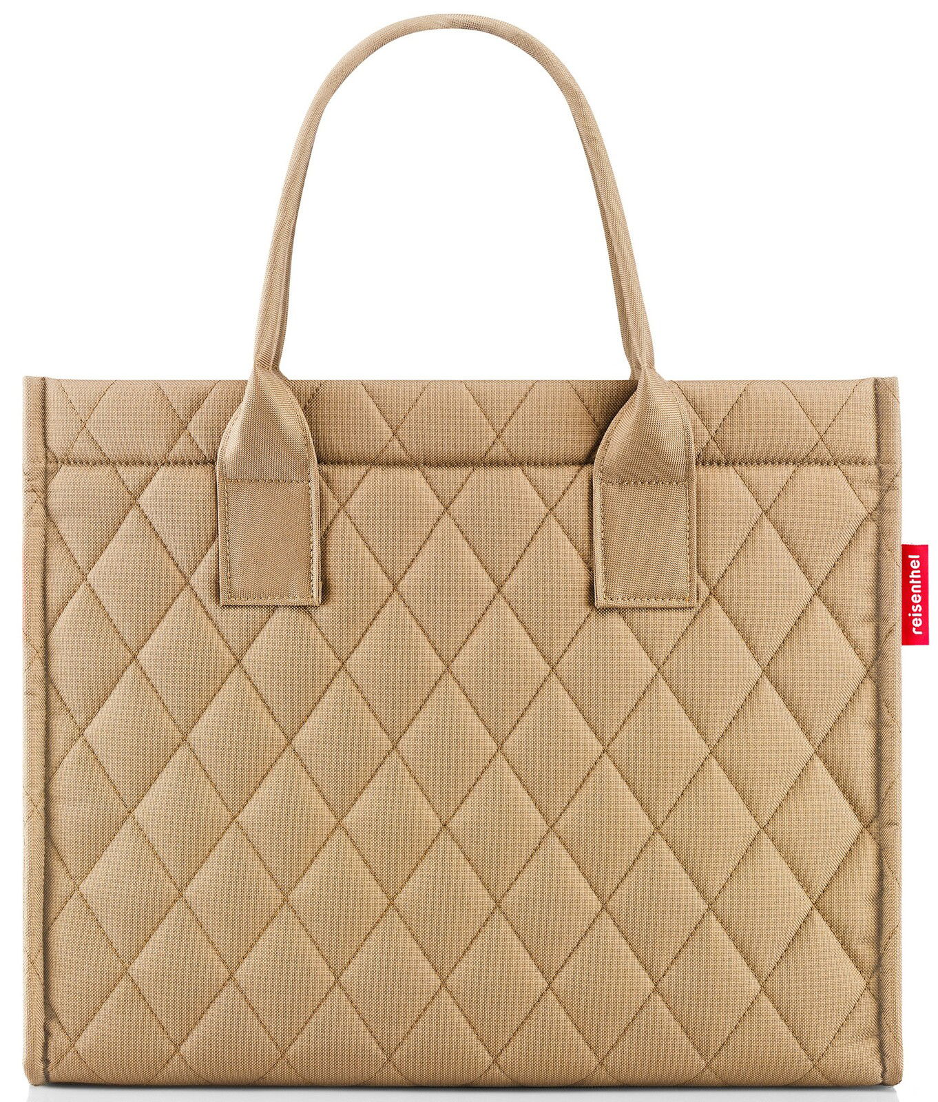 Vorderansicht einer beigen, gesteppten Einkaufstasche mit Rauten-Muster und zwei Griffen.