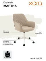 Beiger Drehstuhl MARTHA mit höhenverstellbarem Sitz und 360° Drehfunktion, schwarzes pulverbeschichtetes Metallfußgestell, Belastbarkeit bis 120 kg, seitliche Perspektive.