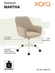 Beiger Drehstuhl MARTHA mit höhenverstellbarem Sitz und 360° Drehfunktion, schwarzes pulverbeschichtetes Metallfußgestell, Belastbarkeit bis 120 kg, seitliche Perspektive.