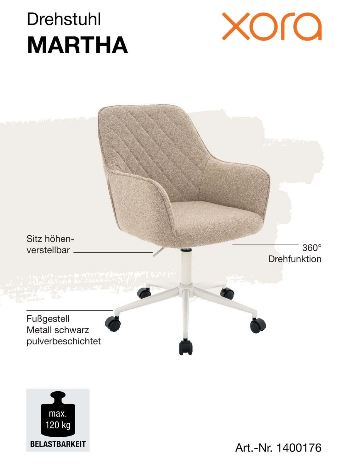 Beiger Drehstuhl MARTHA mit höhenverstellbarem Sitz und 360° Drehfunktion, schwarzes pulverbeschichtetes Metallfußgestell, Belastbarkeit bis 120 kg, seitliche Perspektive.