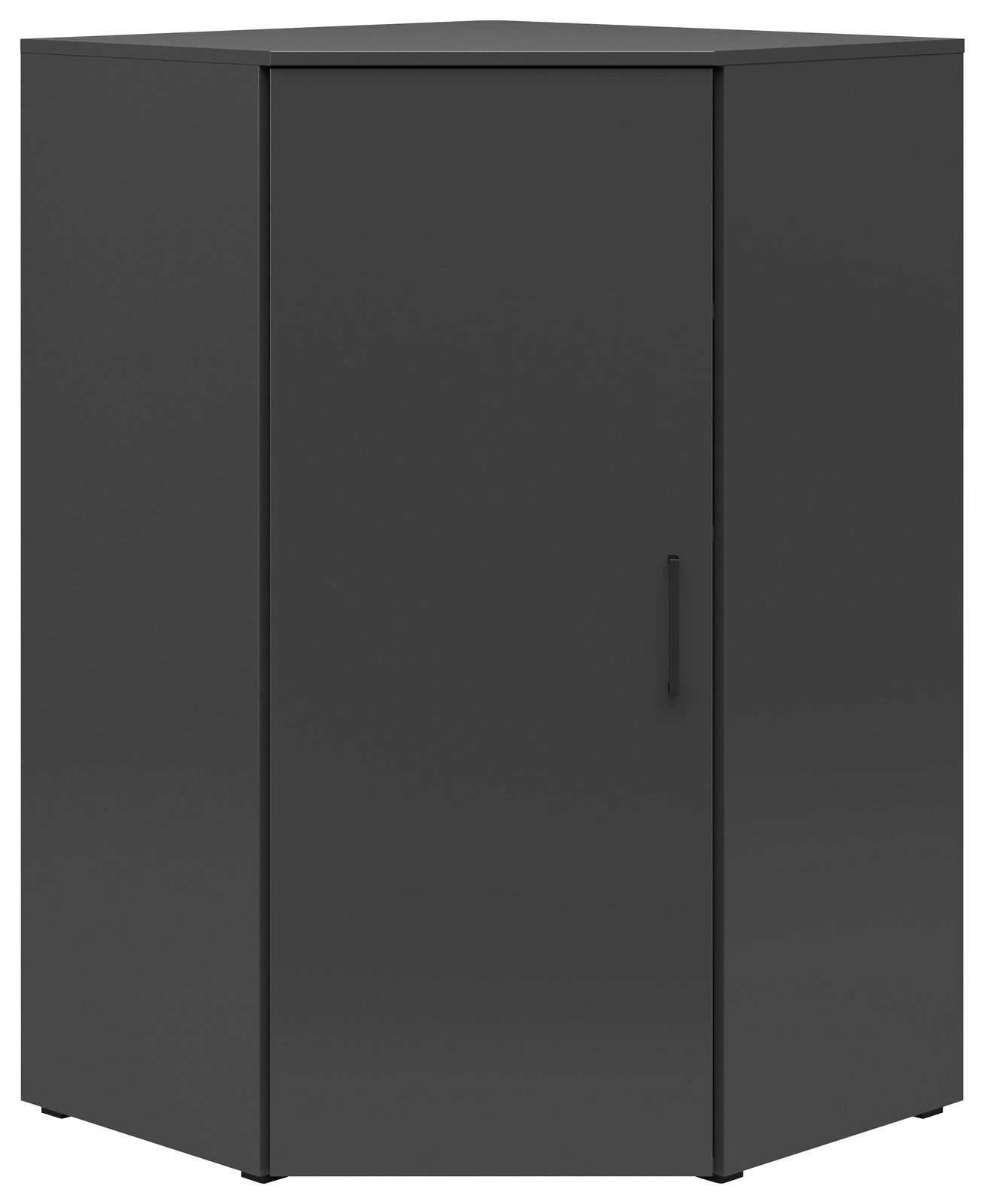 Dunkelgraue Eckkommode mit einer Tür, frontal betrachtet.
