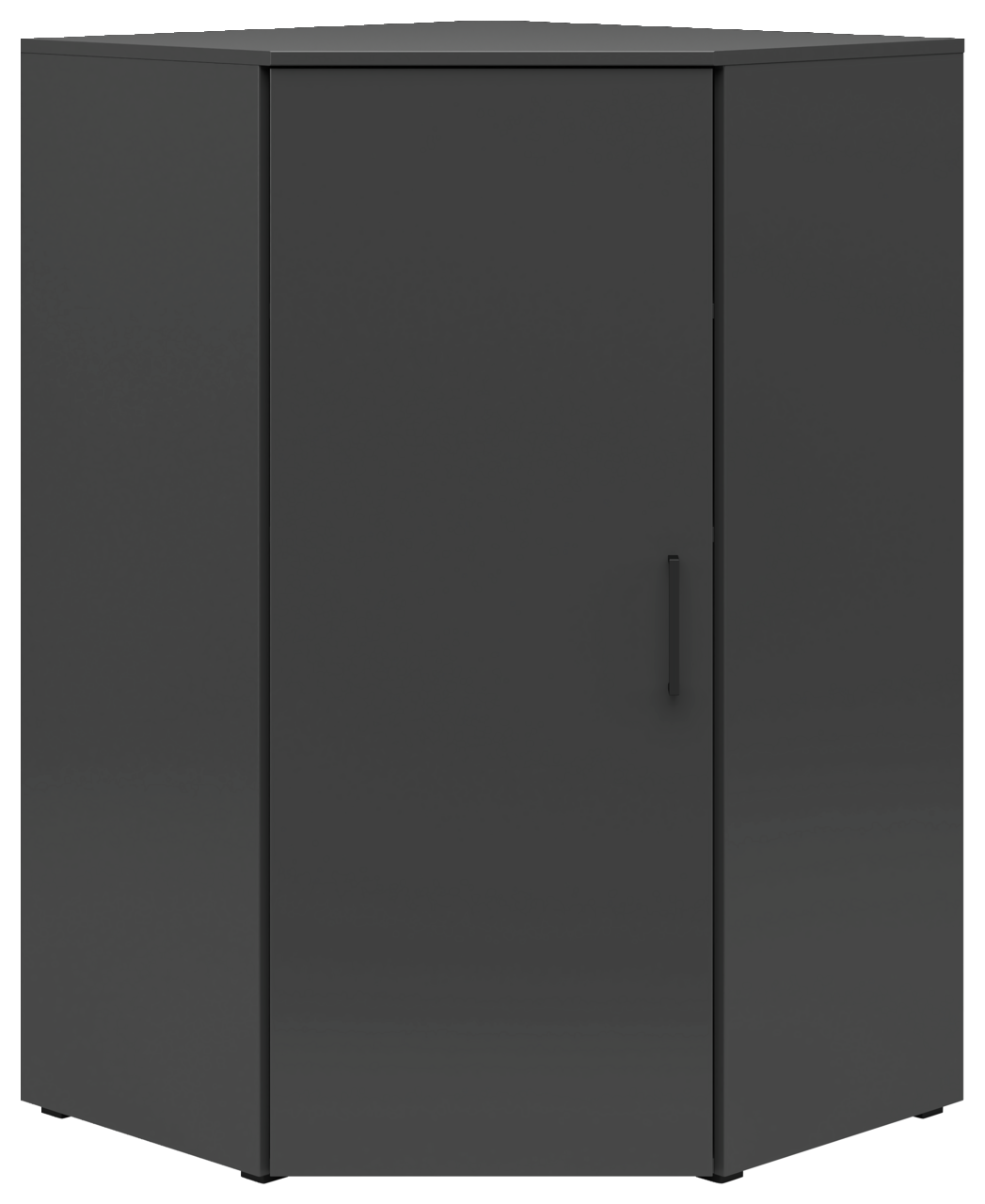 Dunkelgraue Eckkommode mit einer Tür, frontal betrachtet.