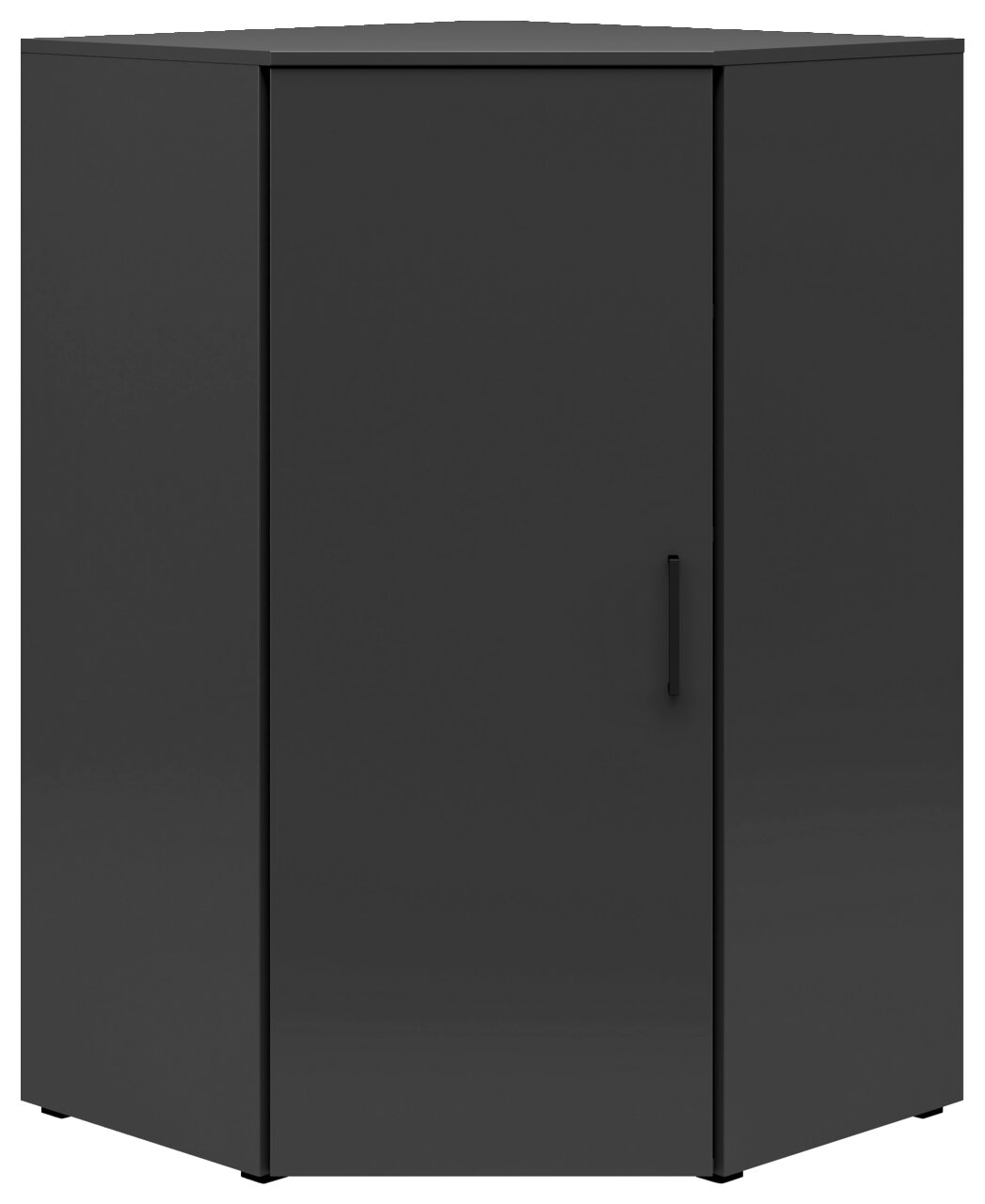 Dunkelgraue Eckkommode mit einer Tür, frontal betrachtet.