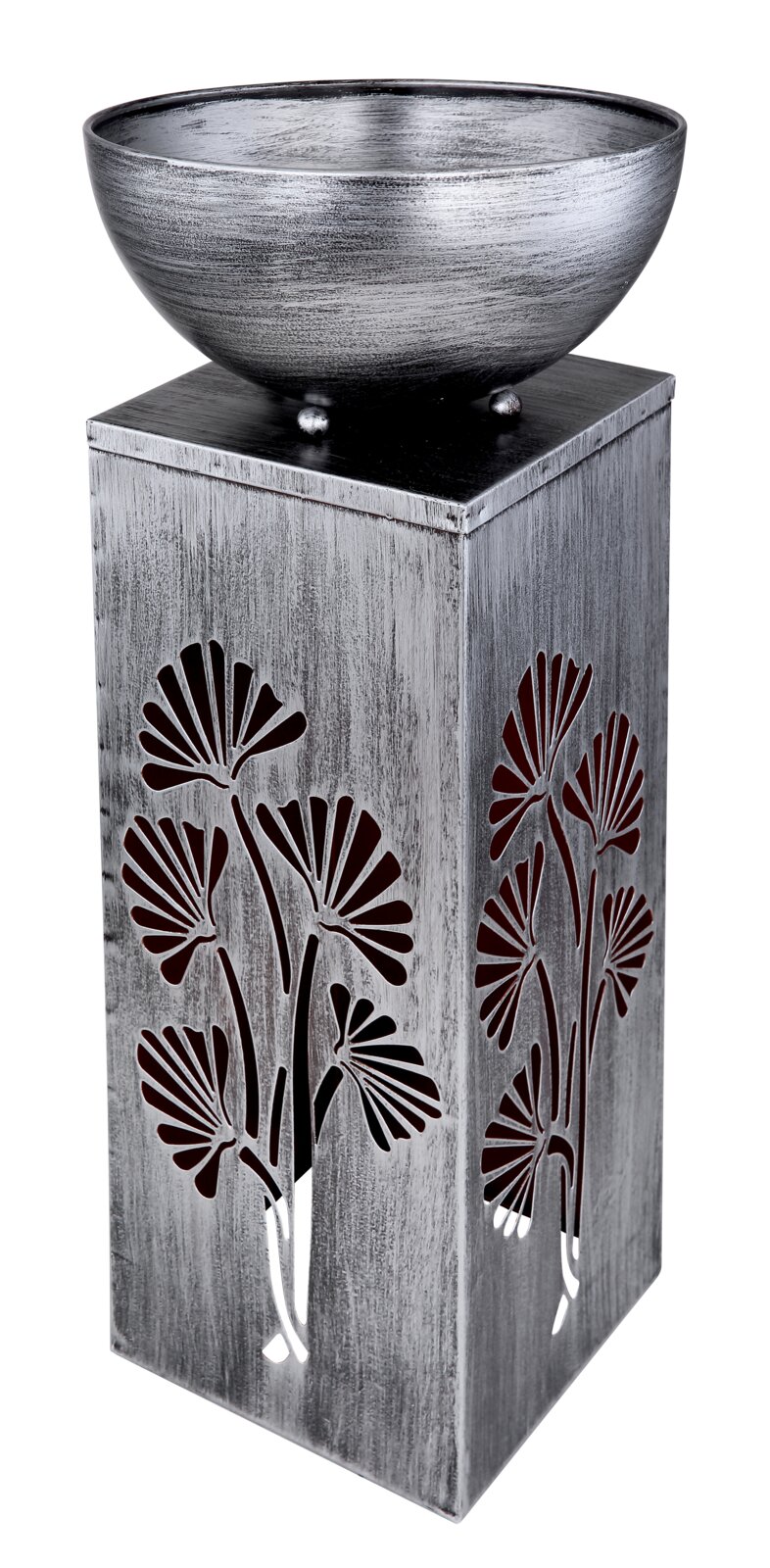 Silberne Solarleuchte mit floralem Muster, seitliche Perspektive