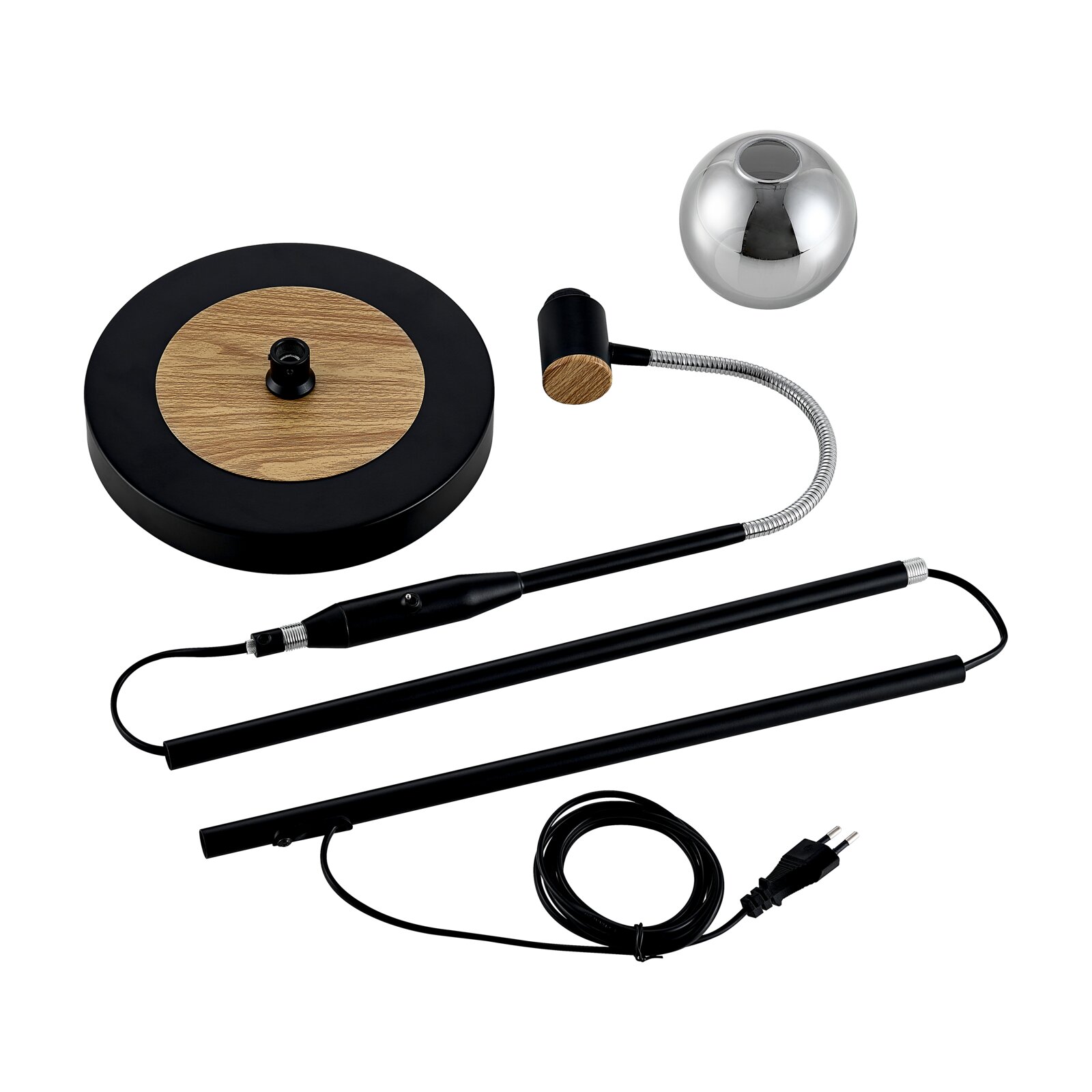 Moderne schwarze Tischlampe mit rundem Standfuß in Holzoptik, flexiblem Schwanenhals und kugelförmigem silbernem Lampenschirm, mit Netzkabel und Stecker, in Draufsicht/leicht schräger Ansicht freigestellt auf weißem Hintergrund