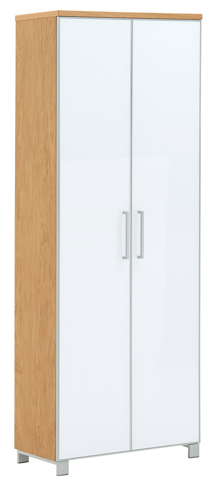 VOSS Dielenschrank SANTINA Moderner Dielenschrank mit Holzseiten und weißen Türen, frontal abgebildet.