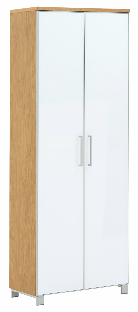 VOSS Dielenschrank SANTINA Moderner Dielenschrank mit Holzseiten und weißen Türen, frontal abgebildet.