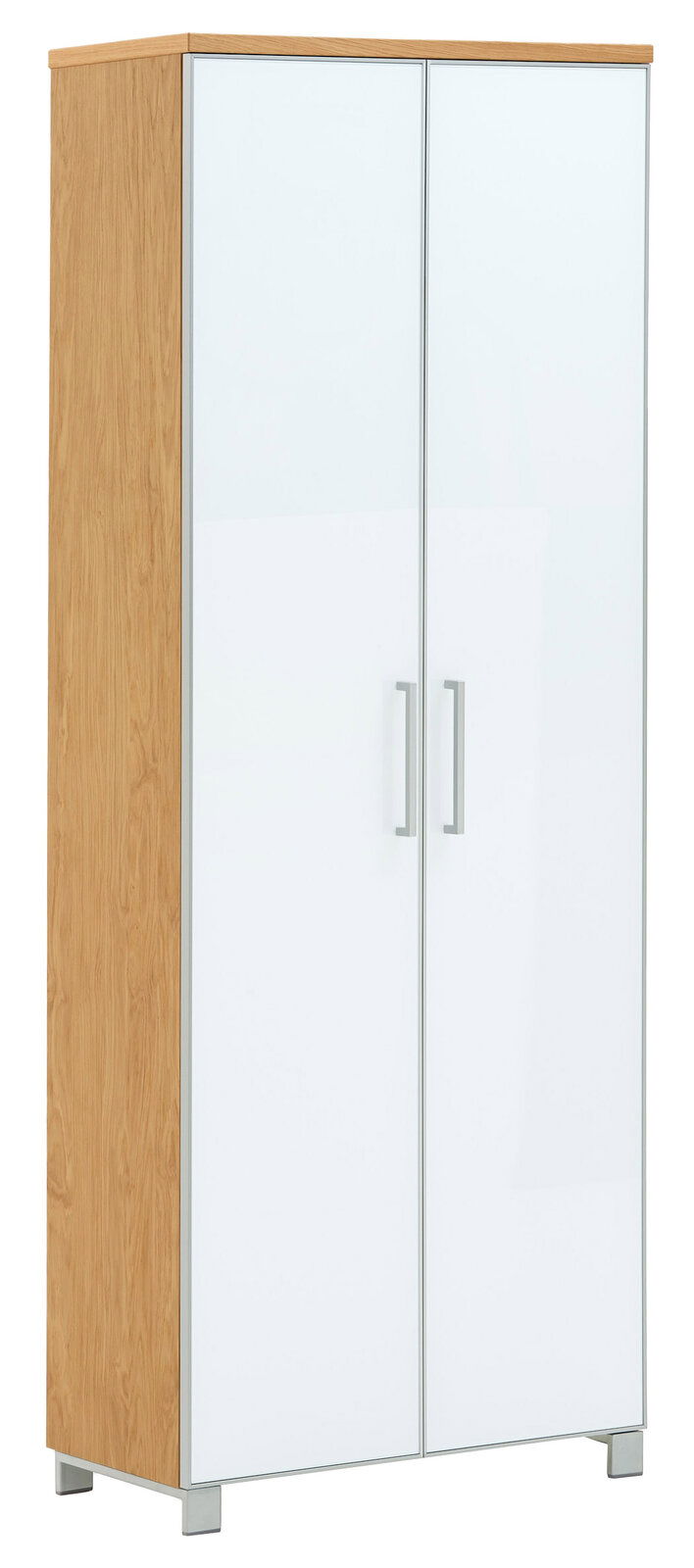 VOSS Dielenschrank SANTINA Moderner Dielenschrank mit Holzseiten und weißen Türen, frontal abgebildet.