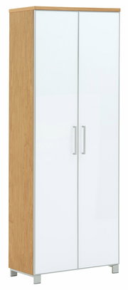 Moderner Dielenschrank mit Holzseiten und weißen Türen, frontal abgebildet.