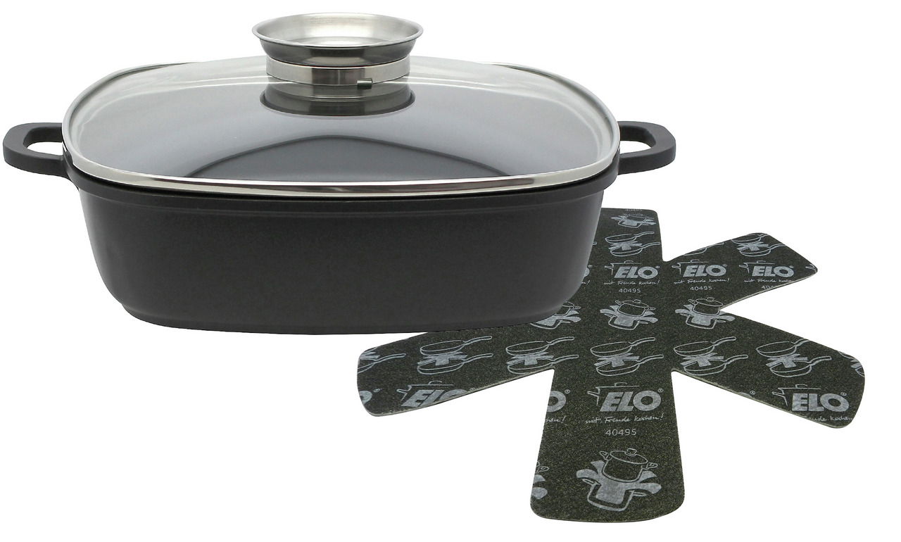 Rechteckige Servierpfanne Alucast mit Glasdeckel und zwei Griffen, seitliche Perspektive