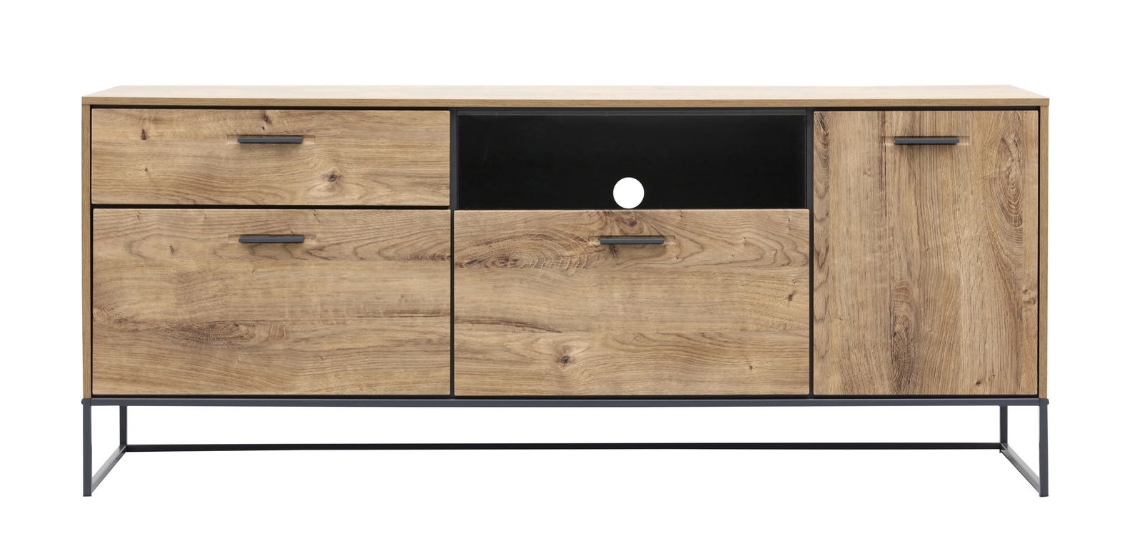 Frontale Ansicht einer modernen Wandkombination aus Holz mit Metallrahmen, bestehend aus Schubladen und Türen.