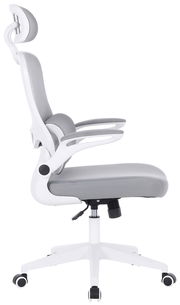 Seitenansicht eines grauen Drehstuhls mit weißem Gestell und Kopfstütze.