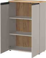 Offener Aktenschrank mit zwei Einlegeböden und Holzoptik, Frontansicht