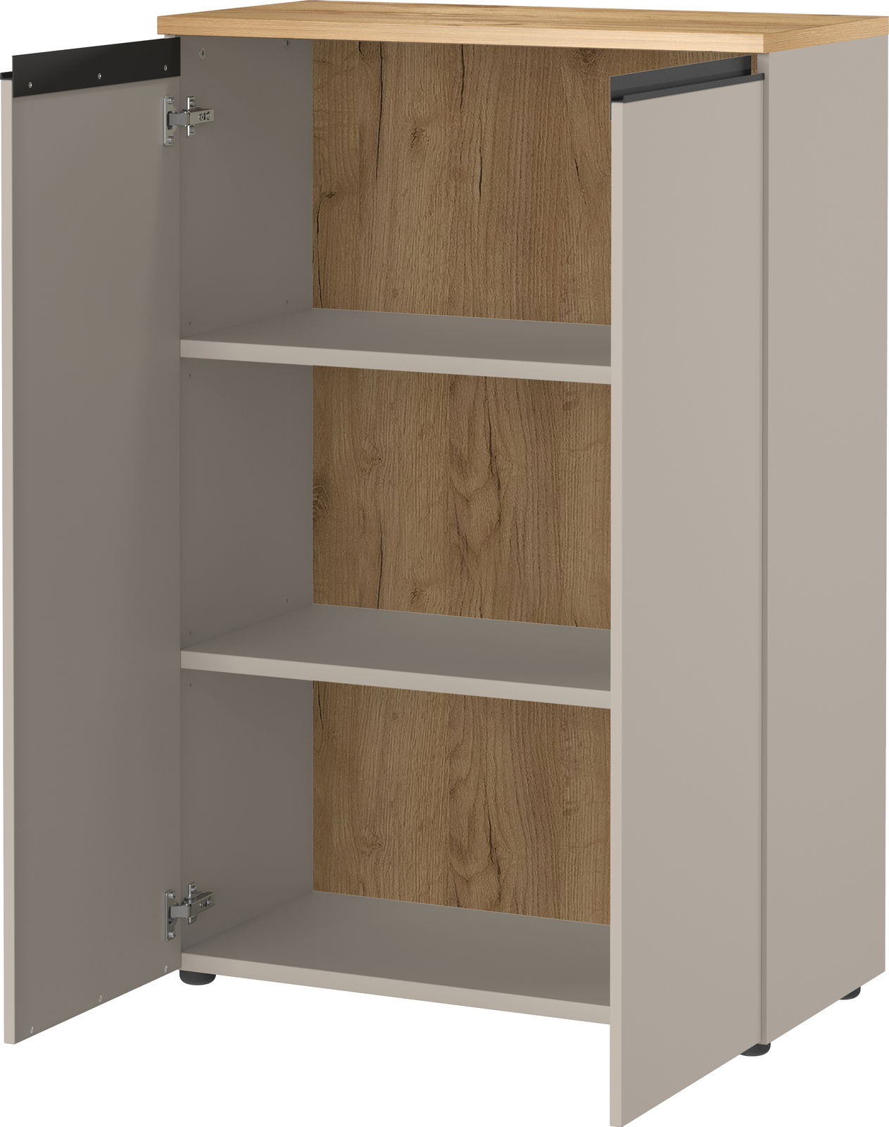 Offener Aktenschrank mit zwei Einlegeböden und Holzoptik, Frontansicht