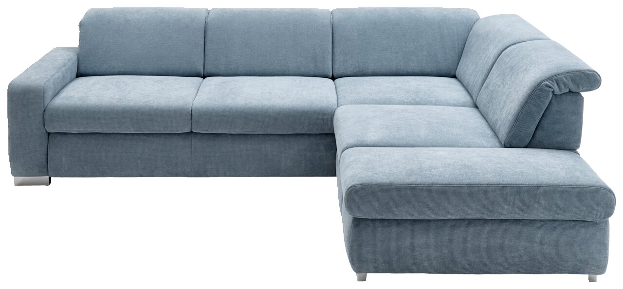 Blauwe, gestoffeerde hoekbank in L-vorm, gezien van rechts vooraan