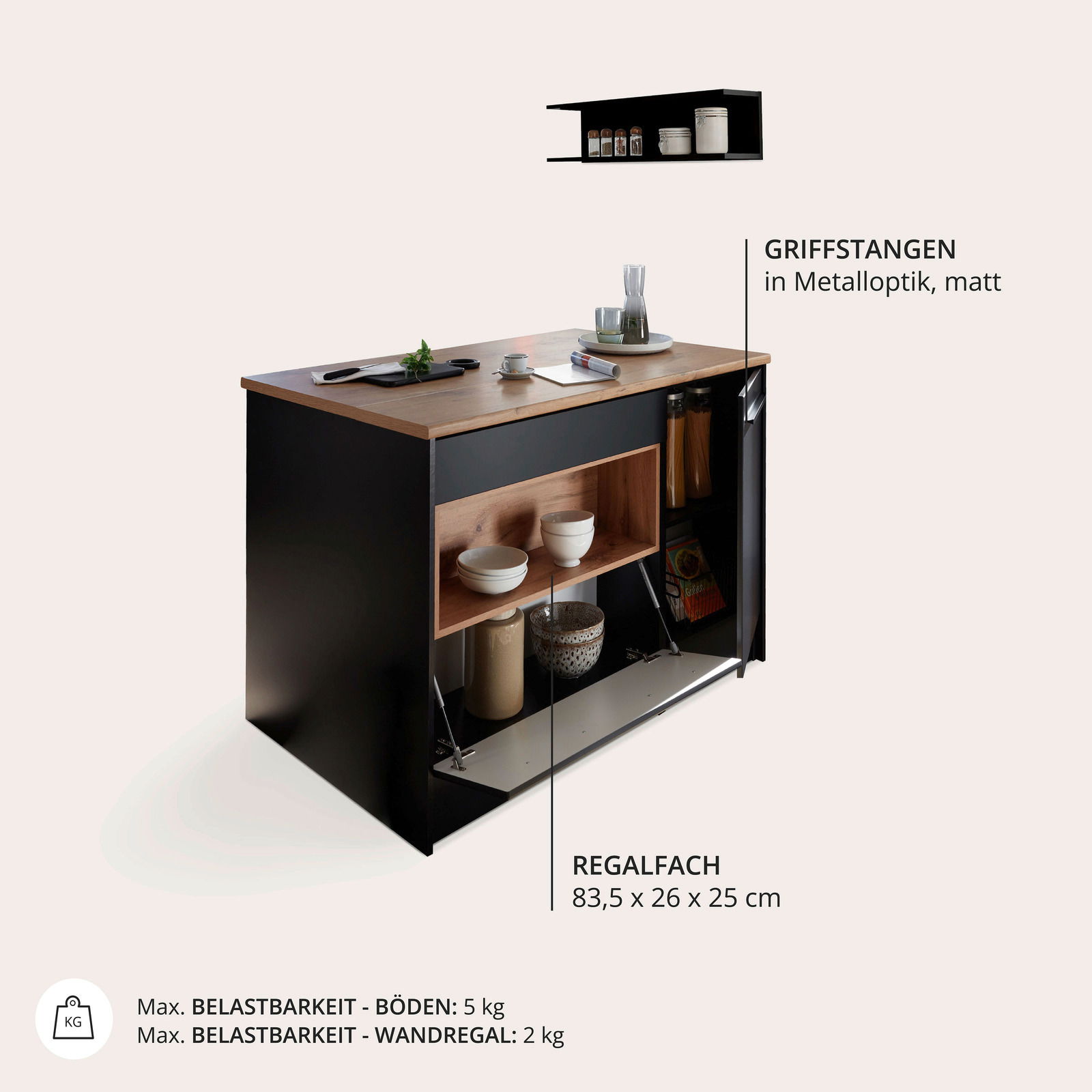 Kücheninsel mit Holzarbeitsplatte und Regalfach, seitliche Perspektive