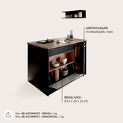 Kücheninsel mit Holzarbeitsplatte und Regalfach, seitliche Perspektive