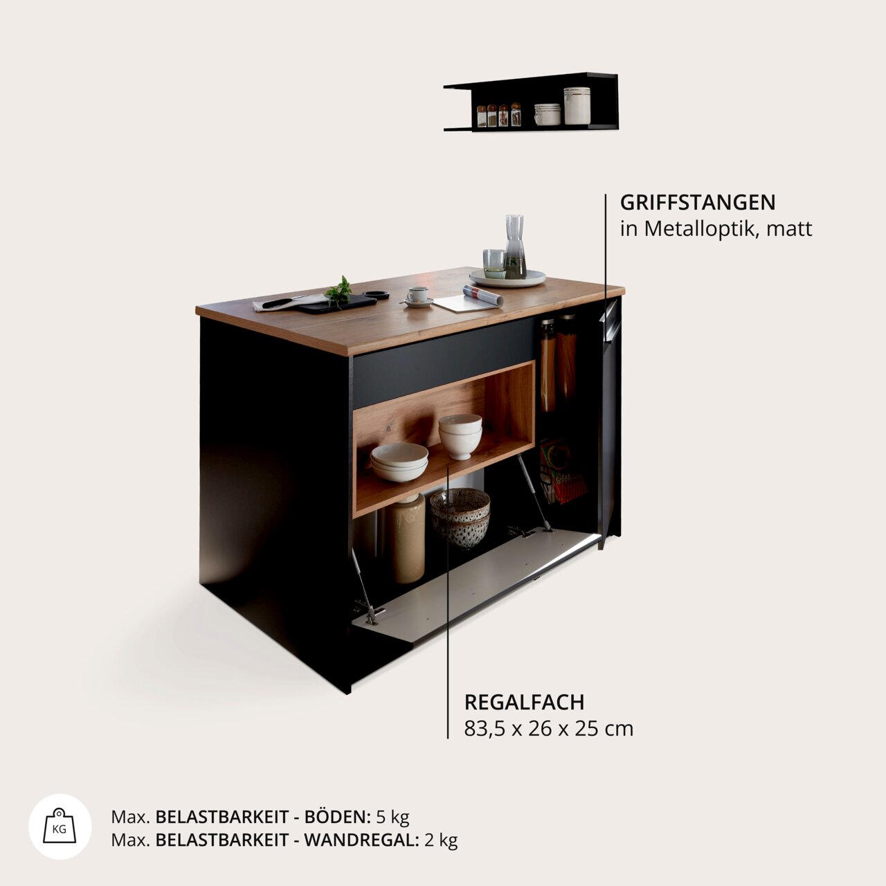 Kücheninsel mit Holzarbeitsplatte und Regalfach, seitliche Perspektive