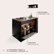 Kücheninsel mit Holzarbeitsplatte und Regalfach, seitliche Perspektive