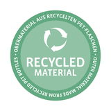 Rundes Siegel mit der Aufschrift 'Recycled Material', das auf die Verwendung von recycelten PET-Flaschen als Obermaterial hinweist. Draufsicht.