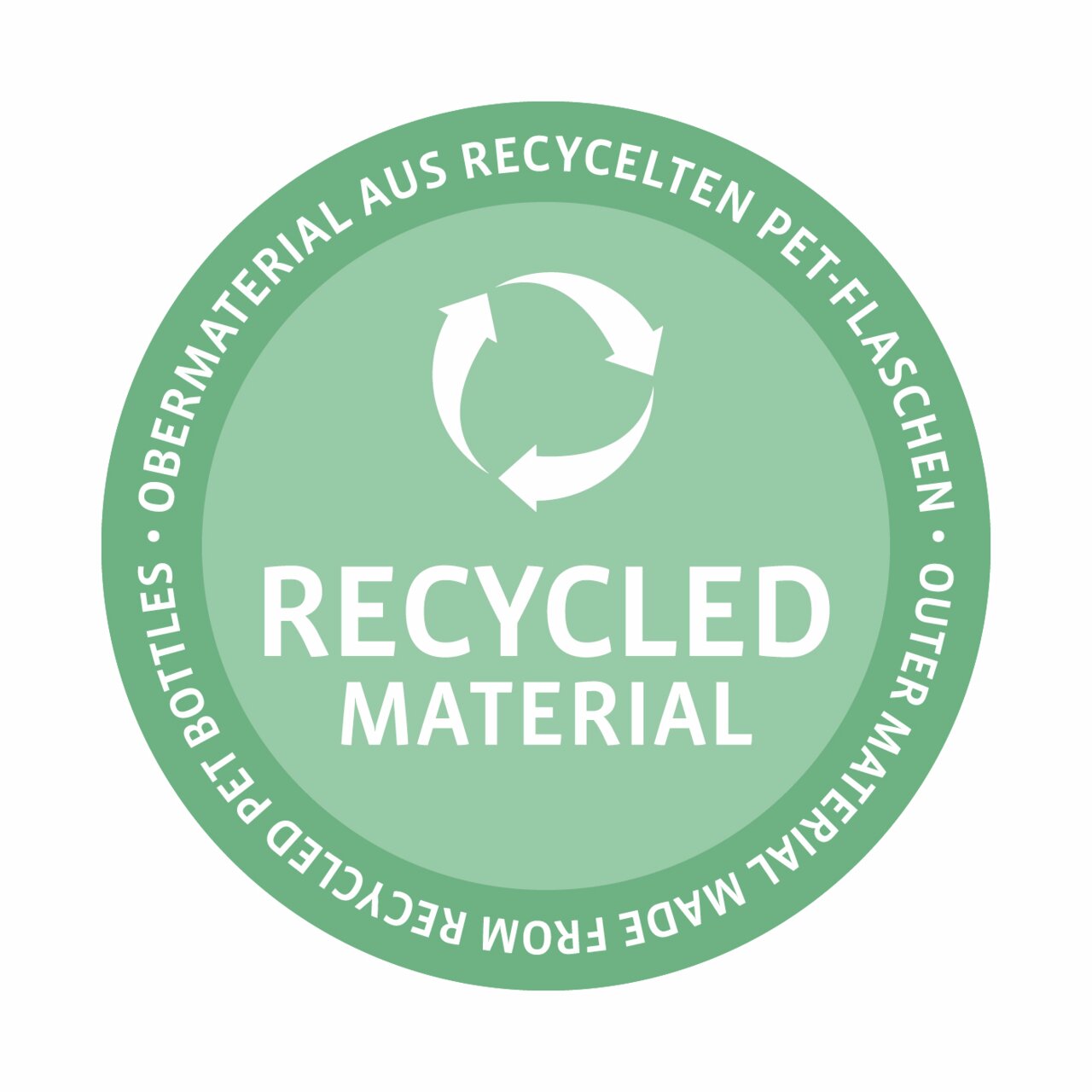 Rond zegel met het opschrift 'Recycled Material', dat aangeeft dat gerecyclede PET-flessen als bovenmateriaal zijn gebruikt. Bovenaanzicht.