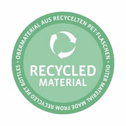 Rond zegel met het opschrift 'Recycled Material', dat aangeeft dat gerecyclede PET-flessen als bovenmateriaal zijn gebruikt. Bovenaanzicht.