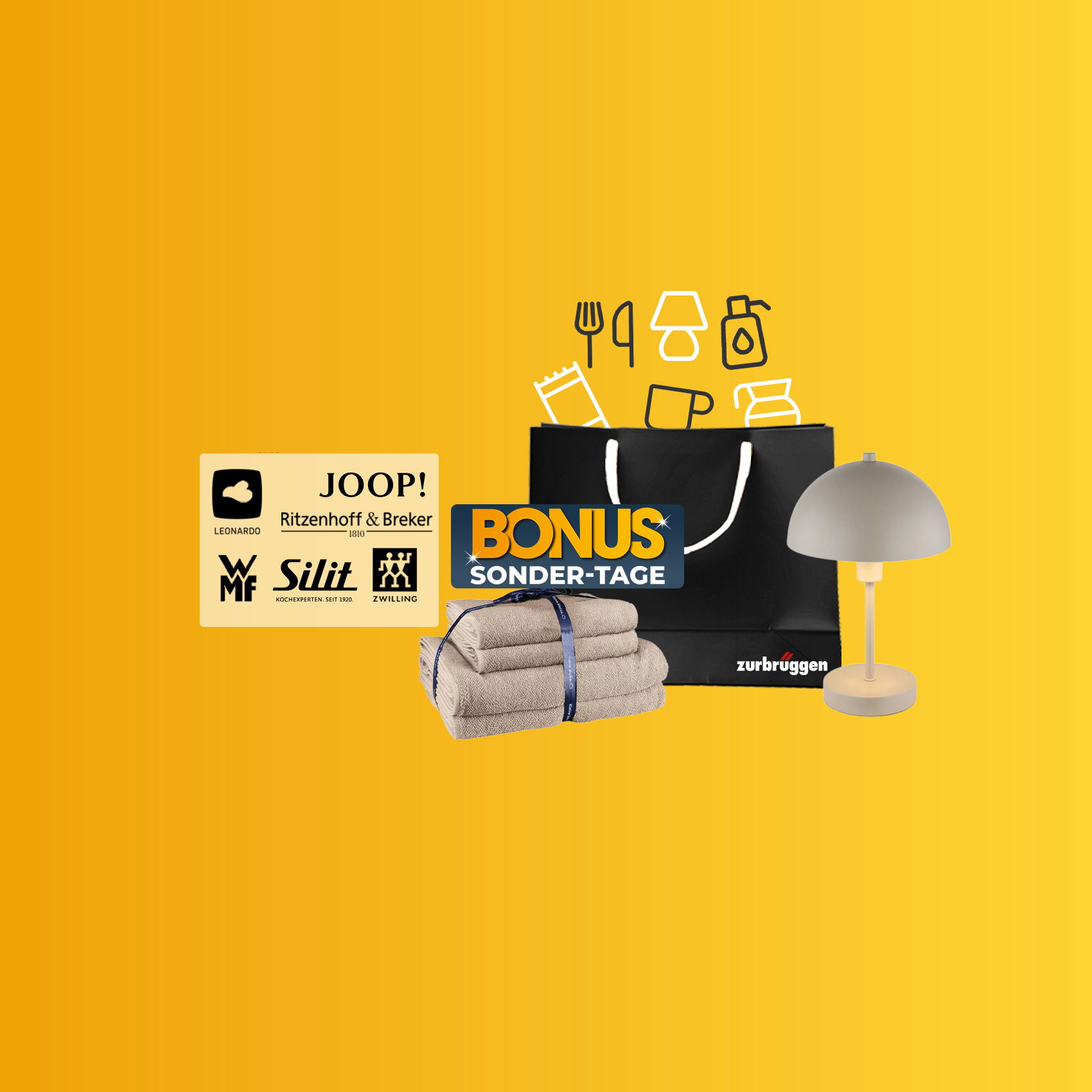 Gelber Hintergrund mit Einkaufstasche, Handtüchern, Tischlampe und „Bonus Sonder-Tage“-Aktion