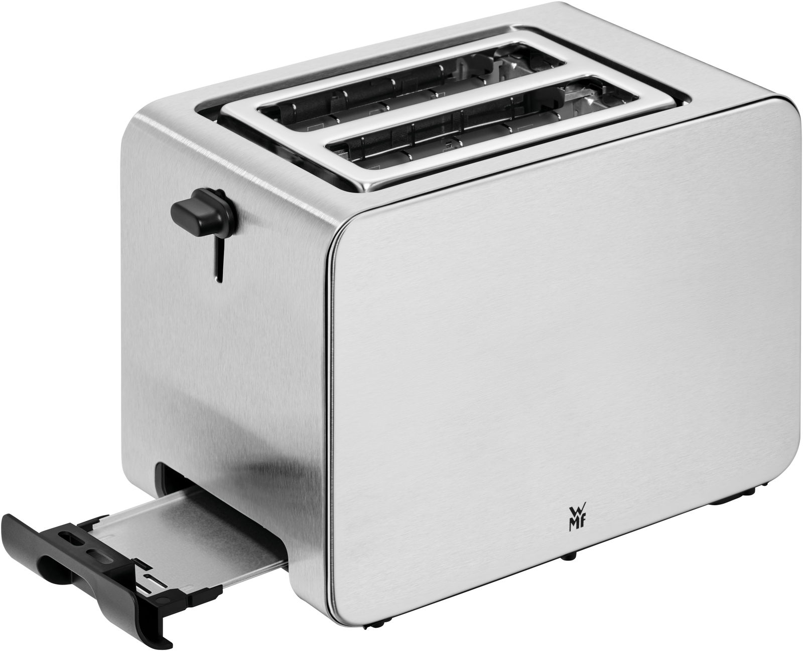 Silberner WMF Stelio Toaster Edition mit zwei Schlitzen und herausziehbarer Krümelschublade, seitliche Perspektive