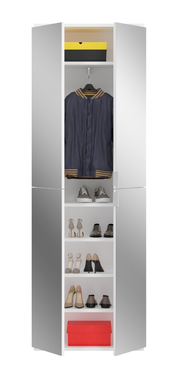 Garderobenkombination mit geöffneter Tür, zeigt eine Jacke, Schuhe und Aufbewahrungsboxen aus der Vorderansicht.