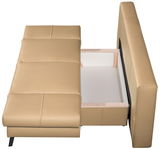 Beige Querschläfer Schlafsofa Serie LAVINIA mit geöffneter Bettkastenansicht von oben