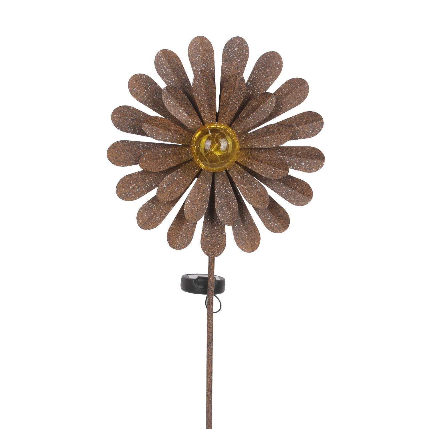 Solarleuchte in Form einer Blume mit braunen Blütenblättern und gelbem Zentrum, seitliche Perspektive