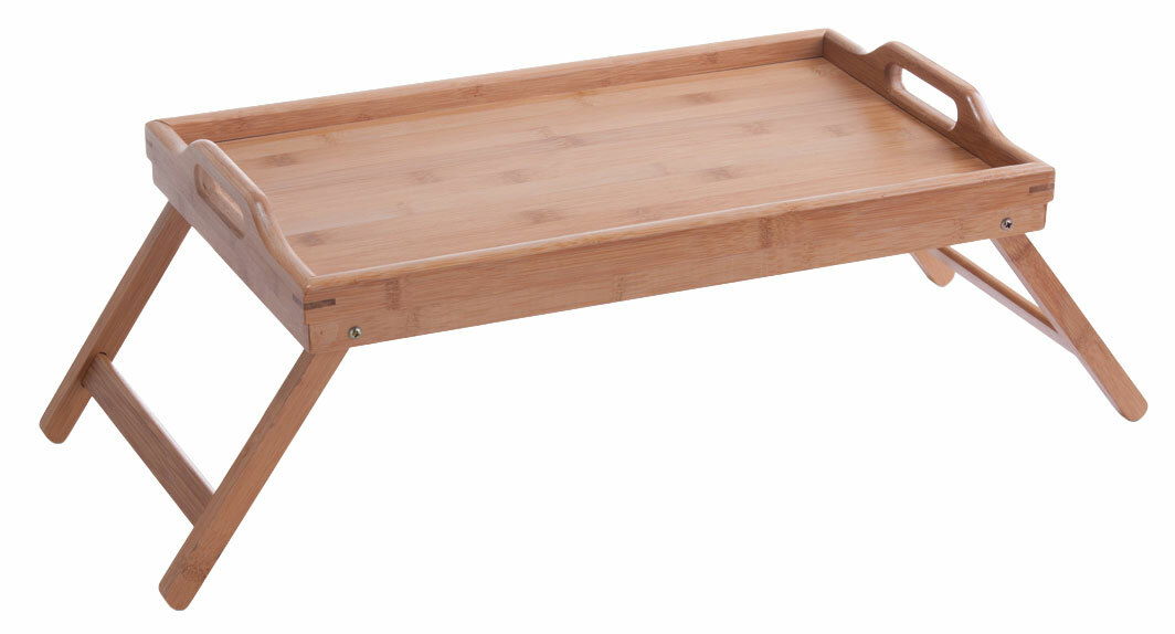 Holz-Betttablett mit klappbaren Beinen, seitliche Griffe, Perspektive von schräg oben