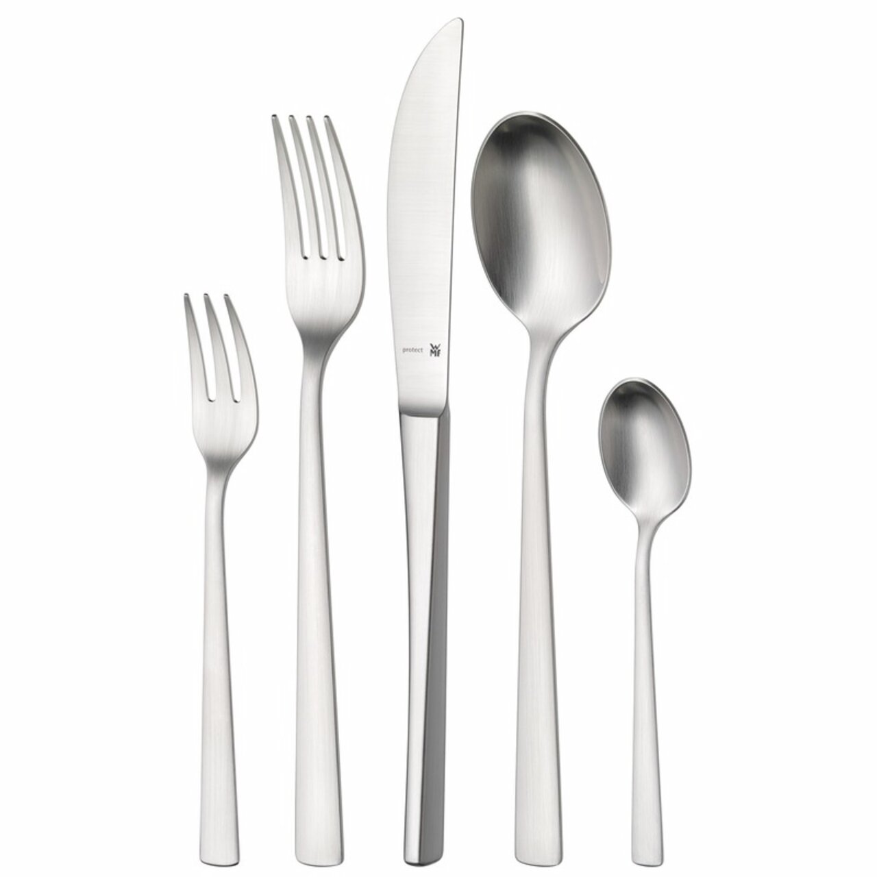Set aus Edelstahlbesteck bestehend aus Gabel, Messer, Esslöffel, Dessertgabel und Teelöffel, frontal angeordnet.