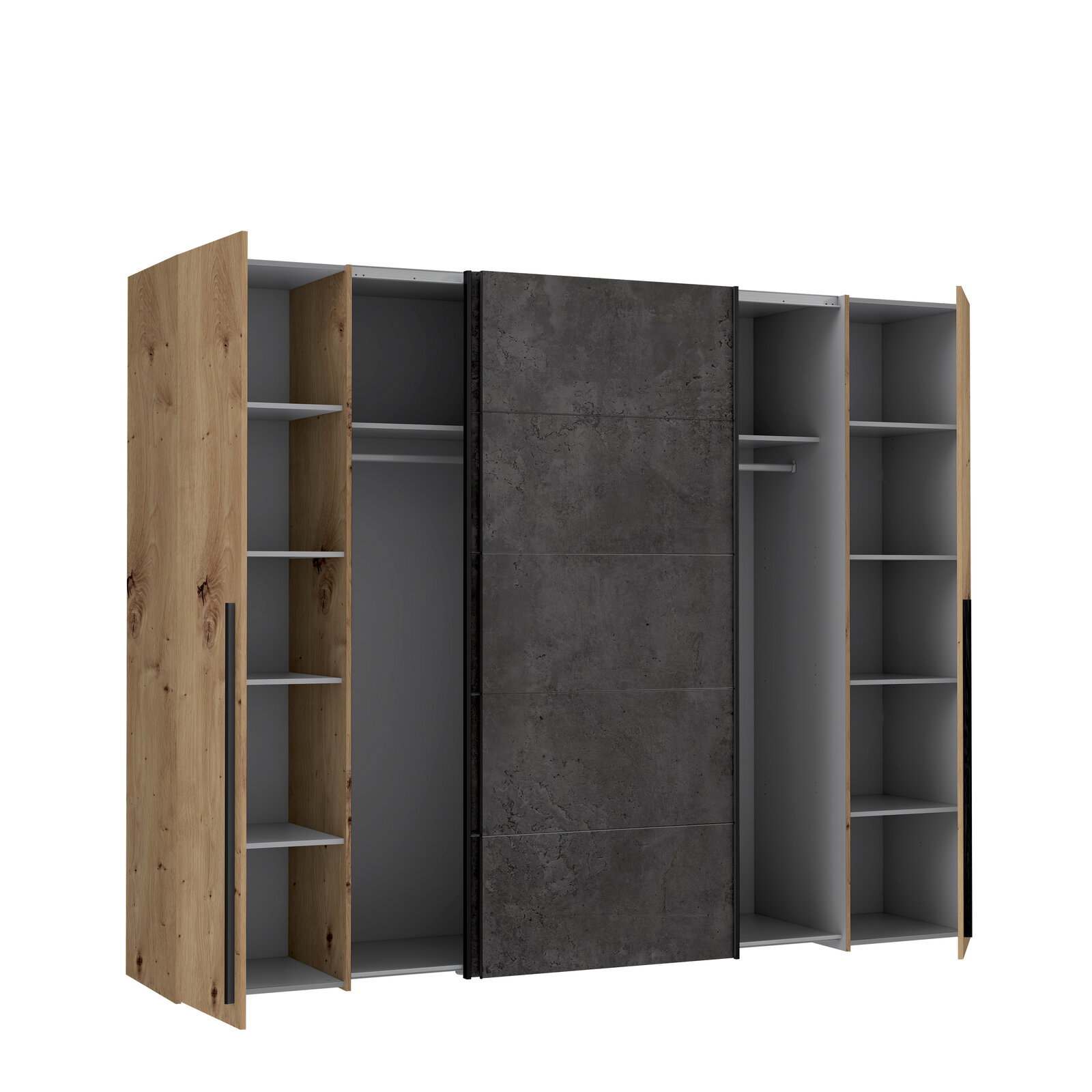 Offener Dreh- und Schwebetürenschrank NARAGO mit Holz- und Betonoptik, Frontansicht