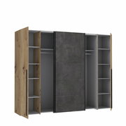 Offener Dreh- und Schwebetürenschrank NARAGO mit Holz- und Betonoptik, Frontansicht