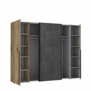 Offener Dreh- und Schwebetürenschrank NARAGO mit Holz- und Betonoptik, Frontansicht