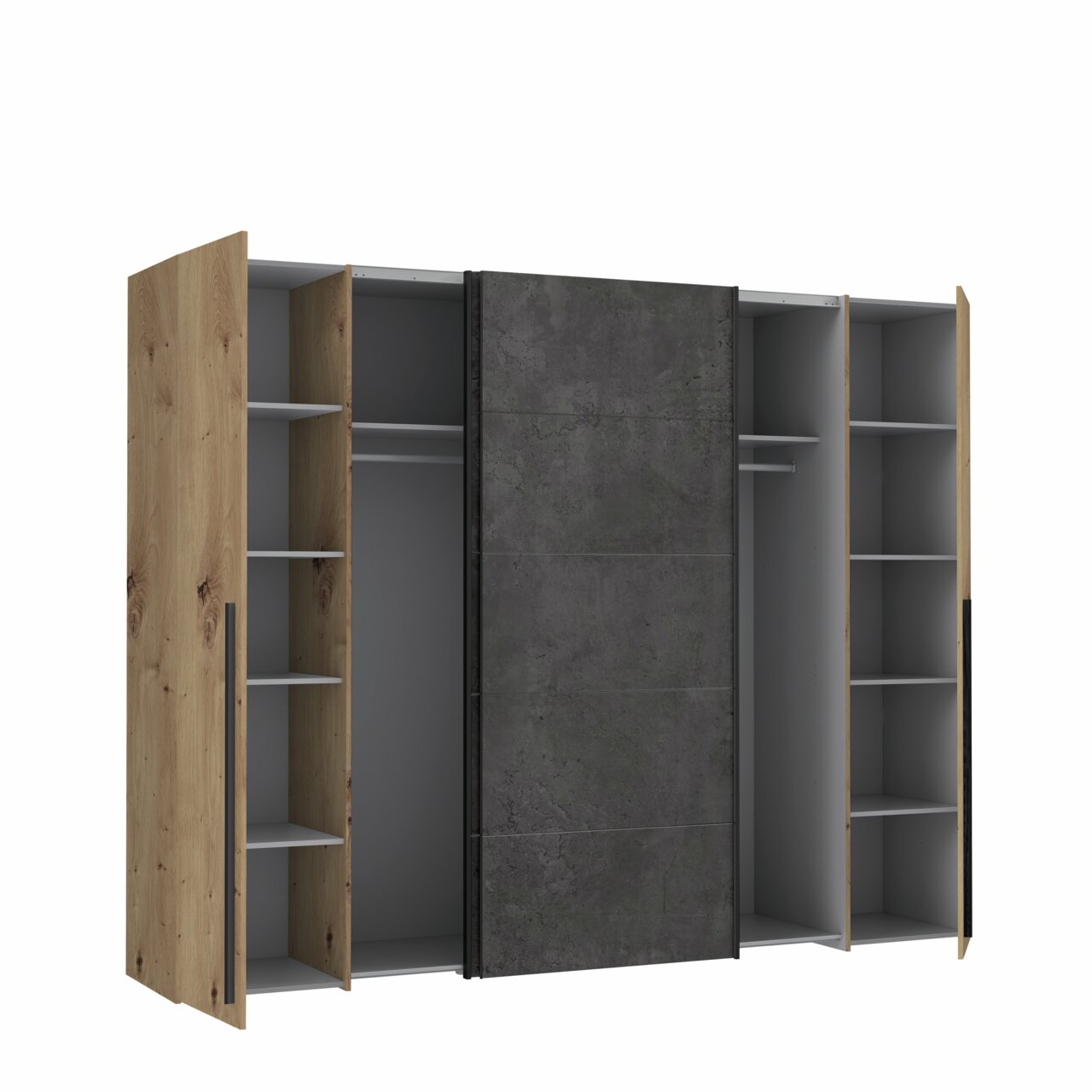 Offener Dreh- und Schwebetürenschrank NARAGO mit Holz- und Betonoptik, Frontansicht