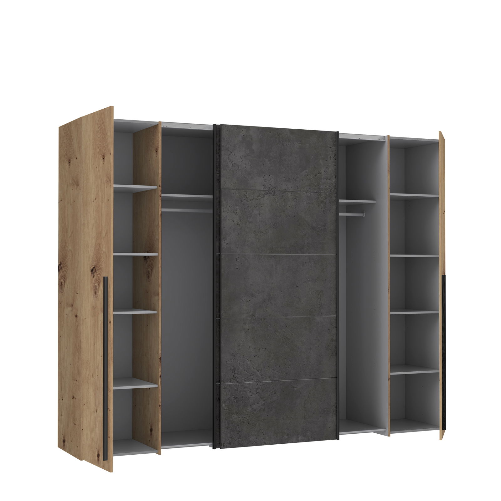 Offener Dreh- und Schwebetürenschrank NARAGO mit Holz- und Betonoptik, Frontansicht