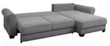 Graues Ecksofa mit breiten Armlehnen und geripptem Stoff, Perspektive von vorne rechts
